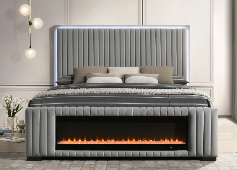 Queen bed with fireplace