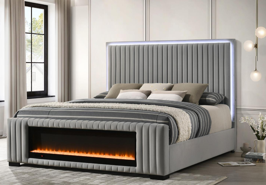 Queen bed with fireplace