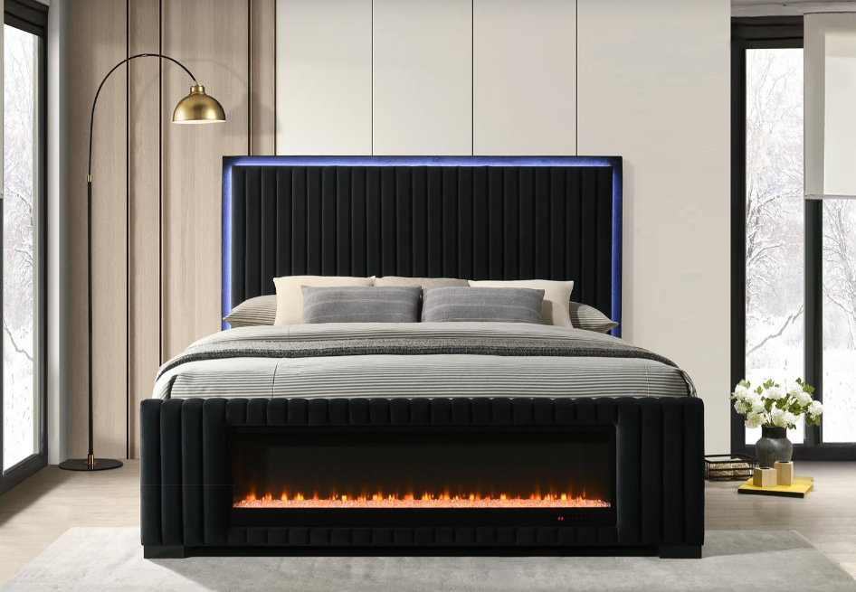 Queen bed with fireplace